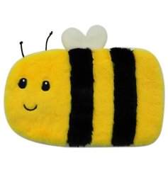 A hot water bottle with a plush bumble bee cover, in bright colours.