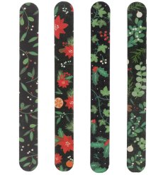 4 assorted nail files in traditional Christmas designs, perfect for carrying on the go during the festive season