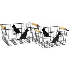 A black wire basket with a dog style theme. Featuring two dogs at each side of the basket with a pair of wooden handles.