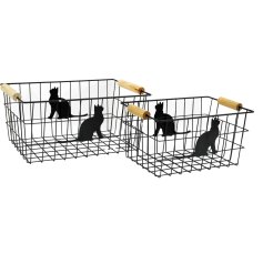 A set of 2 metal cat storage baskets in black with a pair of wooden carry handles.