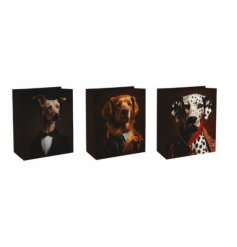 An assortment of 3 quirky gift bags in dark colours with dog cynocephaly illustrations on the front.