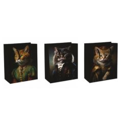 3 assorted sturdy gift bags, each depicting a cat cynocephaly print. 