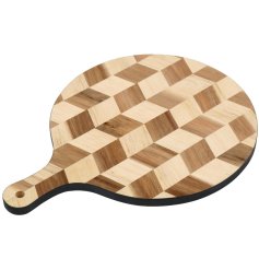 A round serving board with a chunky handle. 