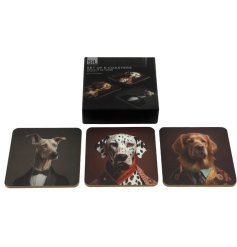 A pack of 6 coasters each with a quirky dog cynocephaly design. 