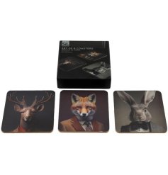 A set of 6 coasters featuring a cynocephaly design each with a forest animal.