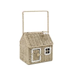 A house shaped storage basket made from wicker, with a tall handle. 