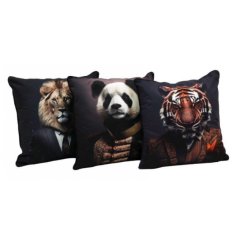 3 assorted jungle themed cushions with a cynocephaly design. 