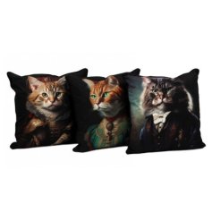 An assortment of 3 scatter cushions each with a unique cat cynocephaly design.