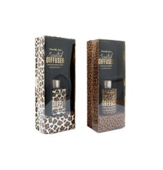 2 assorted reed diffusers in a leopard print pattern with luxury fragrances.