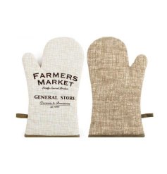 A natural tone oven glove with scripted text and a loop for hanging.