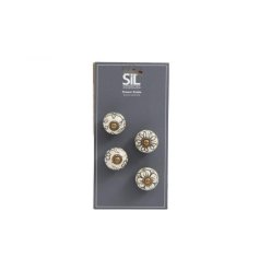 A set of 4 gold and black drawer knobs with intricate floral and leaf patterns.