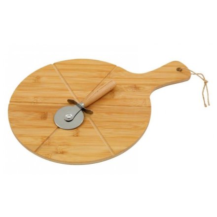 A pizza cutting board made from bamboo complete with a pizza cutter.