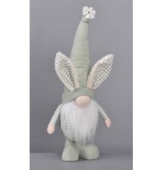 A Spring themed gonk decoration with charming bunny ears. Made from pretty pastel green fabric with gingham details.