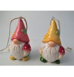 A lovely assortment of 2 spring time gonks on jute string. Each gonk features a tall pointed hat and holds a mushroom.