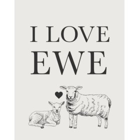 A countrystyle metal sign in white with black printed text and an illustration of two sheep.