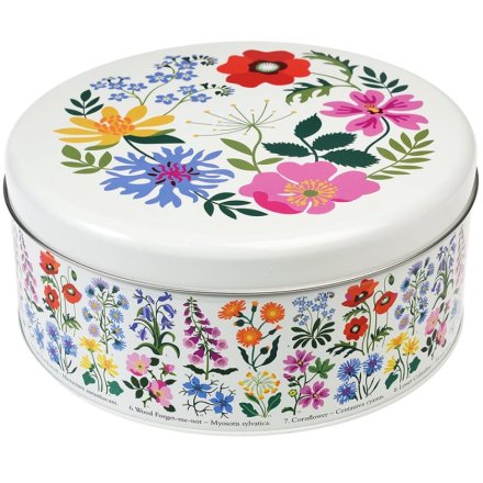 A charming cake tin from the Wild Flowers range, featuring a collection of beautiful flowers.