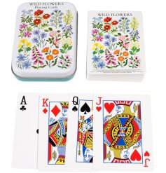 A pack of playing cards in a protective tin from the Wild Flowers collection.