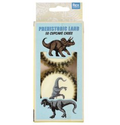 A set of 50 cupcake cases each with a dinosaur design, from the Prehistoric land collection.