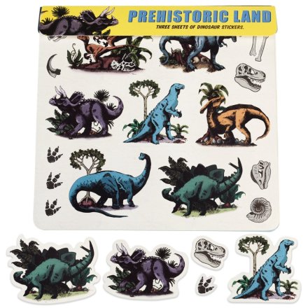 Three sheets of dinosaur stickers showcasing designs from the popular Prehistoric Land collection.