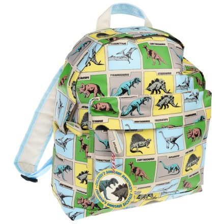 A funky child's backpack covered in different dinosaurs from the Prehistoric land range. 