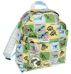 A funky child's backpack covered in different dinosaurs from the Prehistoric land range. 