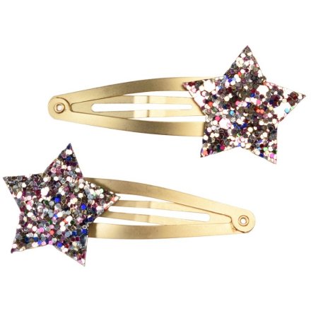 A set of 2 child hair clips in gold, each with a multi coloured sparkly star at the end. 
