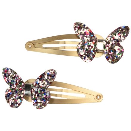 A pair of 2 butterfly hair clips with glitter additions, from the Fairies in the Garden range. 