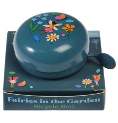 A teal bicycle bell decorated with fairies in flowers. A lovely accessory for your bike.
