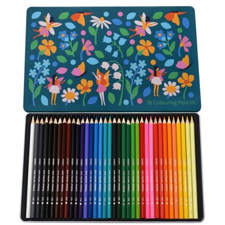 From the Fairies in the garden range, a set of 36 colouring pencils, displayed in a floral style storage tin. 