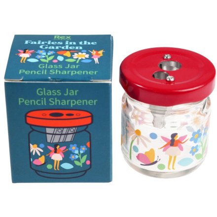 Beautifully decorated with fairies and flowers, a glass jar with built in pencil sharpener.