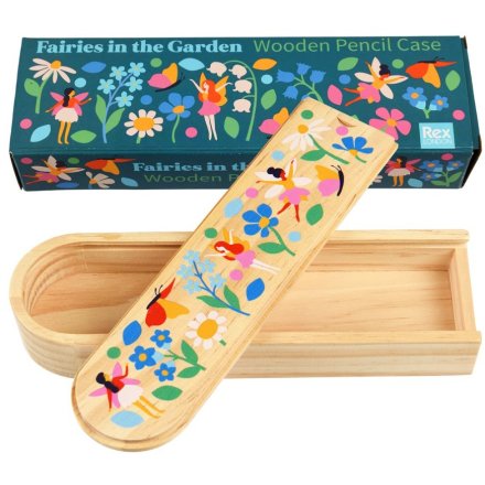 With an environmentally friendly ethos, a wooden pencil case decorated with colour fairies and flowers.