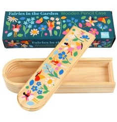 With an environmentally friendly ethos, a wooden pencil case decorated with colour fairies and flowers.