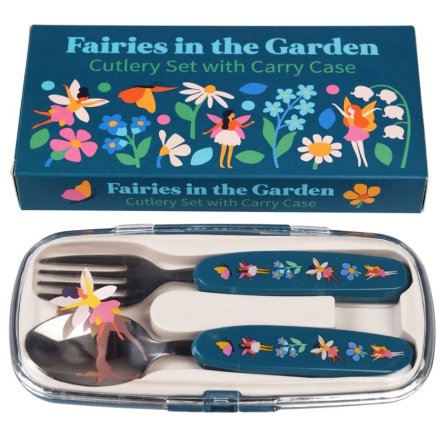 A fork and spoon children's cutlery set complete with carry case from the Fairies in the Garden range.