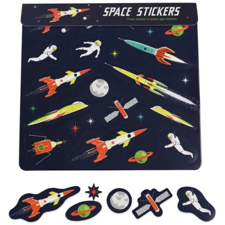 A packet of 3 sticker sheets featuring rockets, astronauts, stars and planets.