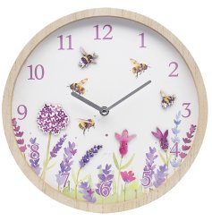 A spring themed wall clock featuring numbers 1-12 with images of bees flying around flowers. 
