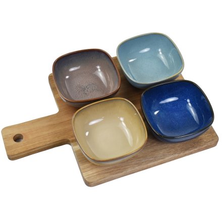 Snack Dishes & Wood Tray Set of 4