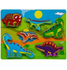 This bright puzzle is perfect for teaching youngsters about dinosaurs and to help build hand-eye coordination