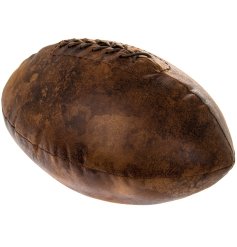 A rugby ball doorstop made from faux leather. 