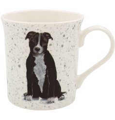 A white china mug in a Staffordshire bull terrier design. 