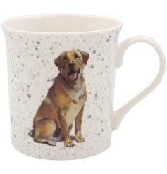 A fine china mug with a grey speckled print featuring a golden labrador design. 
