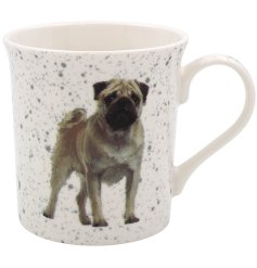A Pug mug! Detailing a standing pug design surrounded by grey speckled detail. 