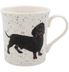 A mug made from fine china adorned with an adorable Dachshund image.