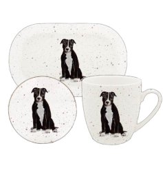 A trio set of a mug, coaster and tray each with a Staffordshire Bullterrier print decal. 
