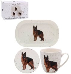 A mug, coaster and tray set in a German Shepherd design. 
