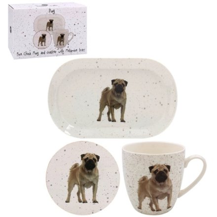 A 3 piece mug, coaster and tray set in a standing pug design surrounded by grey speckled markings. 