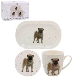 A 3 piece mug, coaster and tray set in a standing pug design surrounded by grey speckled markings. 