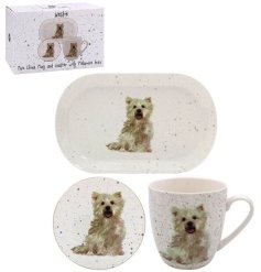 A classic mug, coaster and tray set in a charming Westie design.