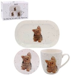 A sweet set for a Yorkshire terrier lover containing a fine china mug, matching coaster and tray.