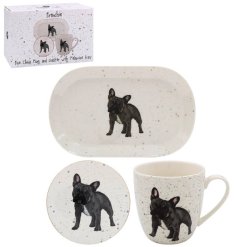 A charming Staffie themed mug, coaster & tray set complete with a matching gift box. 