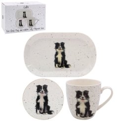 A lovely set containing a china mug, coaster and tray detailing a border collie design.